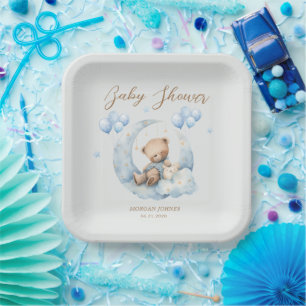 Plato De Papel Baby Shower Blue Teddy Bear Stars