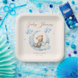 Plato De Papel Baby Shower Blue Teddy Bear Stars