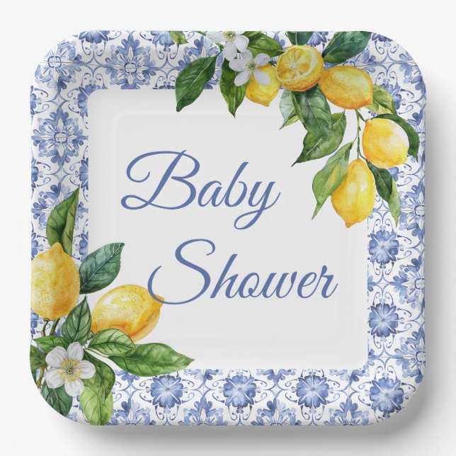 Plato De Papel Baby Shower Blue Tile Lemon (Anverso)