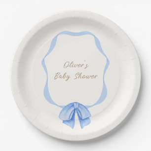 Plato De Papel Baby Shower Blue Vintage Bow Ribbon Boy