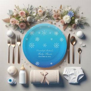 Plato De Papel Baby Shower Blue Winter Wonderland Snowflake