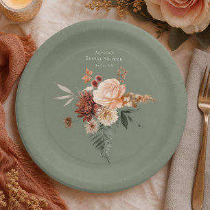 Plato De Papel Baby Shower Boho Melocotón y Óxido Floral Verde Sa