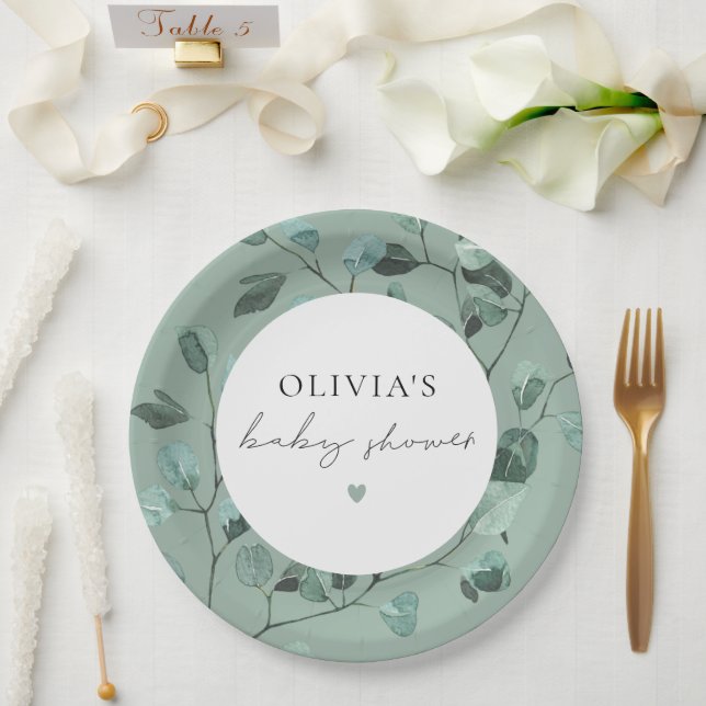 Plato De Papel Baby Shower Boho Sage Green Eucalyptus (Boda)