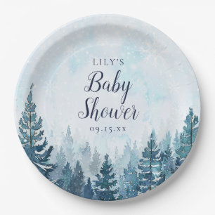 Plato De Papel Baby Shower Bosque de Pinos Rústicos de Invierno