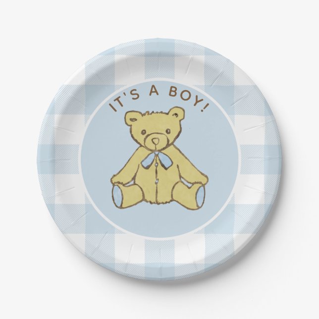 Plato De Papel Baby Shower Boy Bear con verificación de búfalo az (Anverso)