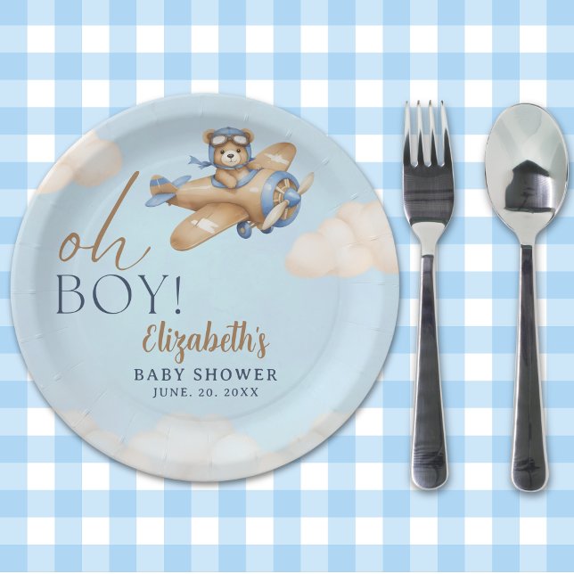 Plato De Papel Baby Shower Boy with Adorable Pilot Teddy Bear (Subido por el creador)