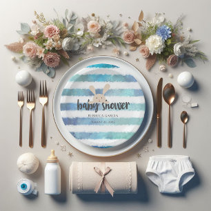 Plato De Papel Baby Shower Bunny Rabbit Blue White Stripe