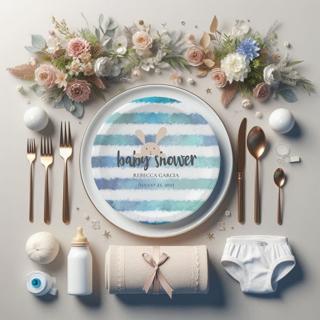 Plato De Papel Baby Shower Bunny Rabbit Blue White Stripe (Subido por el creador)