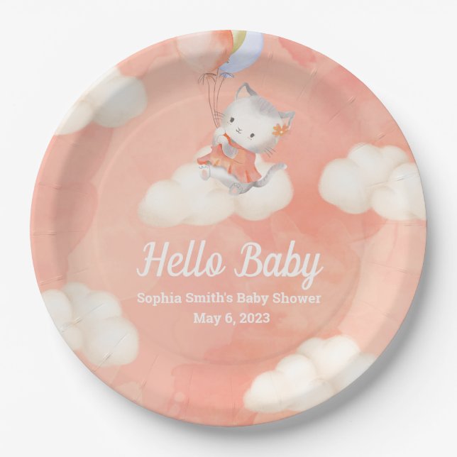 Plato De Papel Baby Shower caprichoso, niña bebé, gatito (Anverso)