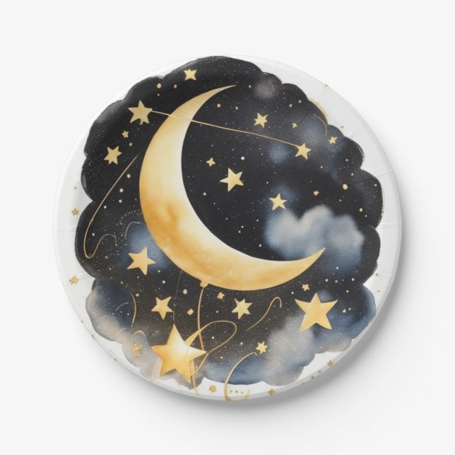 Plato De Papel Baby Shower Celestial Moon and Stars (Anverso)