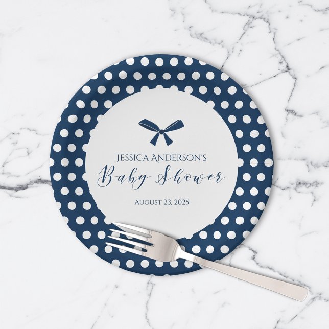 Plato De Papel Baby Shower Charming Navy Blue Polka Dot Bow (Subido por el creador)