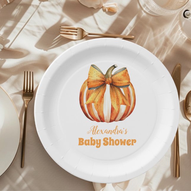 Plato De Papel Baby Shower Chica de Bow de calabaza de otoño (Subido por el creador)