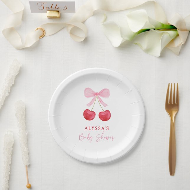 Plato De Papel Baby Shower Chica de cereza rosada Bow (Boda)