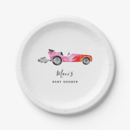 Plato De Papel Baby Shower, Chica de coches de carreras rosadas m