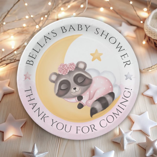 Plato De Papel Baby Shower Chica de Dreamy Over the Moon Raccoon (Dreamy Over the Moon Raccoon Girl Baby Shower Paper Plates)