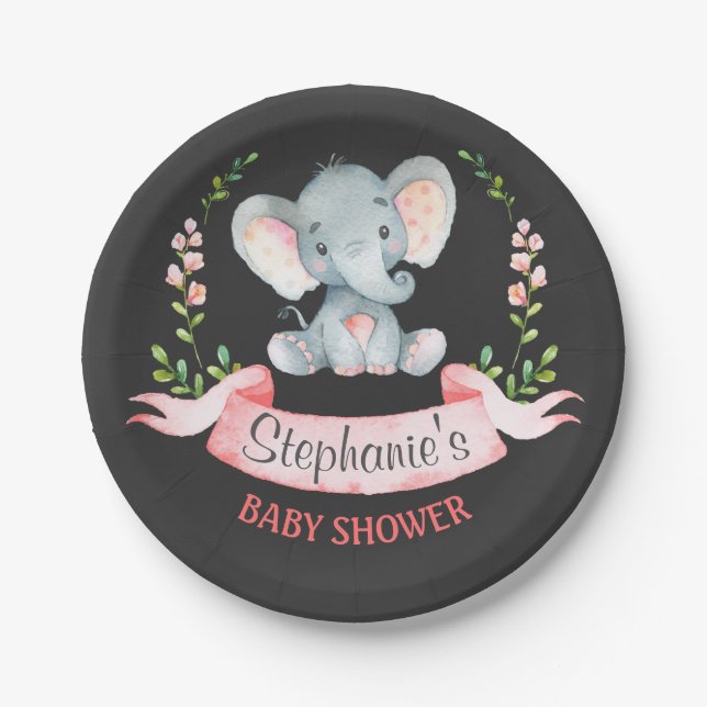 Plato De Papel Baby Shower Chica de elefante acuático Chalkboard (Anverso)