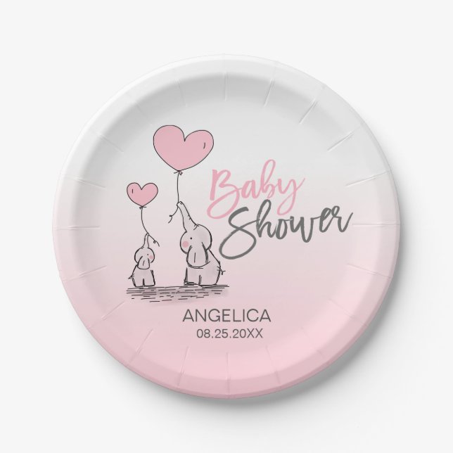 Plato De Papel Baby Shower CHICA de elefante azul gris rosado mod (Anverso)