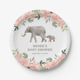 Plato De Papel Baby Shower Chica de Elefante Floral Rosa