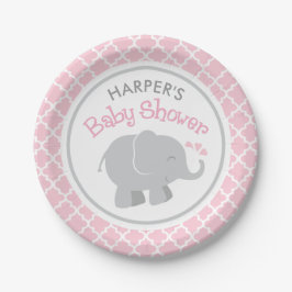 Plato De Papel Baby Shower Chica de Elefantes Modernos Rosa y Gri