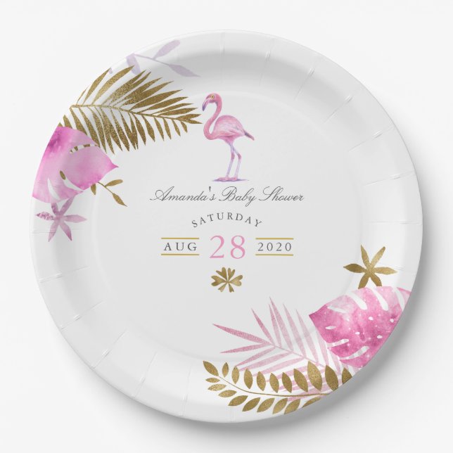 Plato De Papel Baby Shower Chica de flamenco tropical rosa y dora (Anverso)