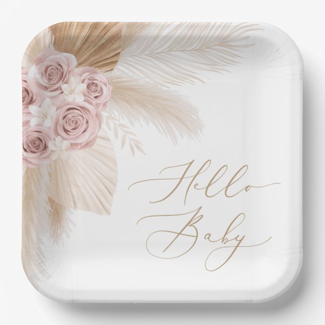 Plato De Papel Baby Shower Chica de Grass Boho Pampas (Anverso)