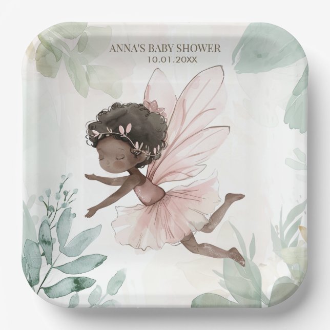 Plato De Papel Baby Shower Chica de hadas negras (Anverso)