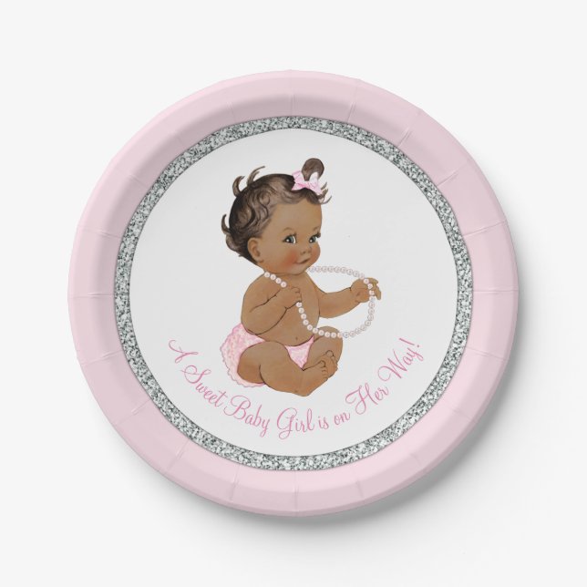 Plato De Papel Baby Shower, Chica de la etnia perla gris rosada (Anverso)