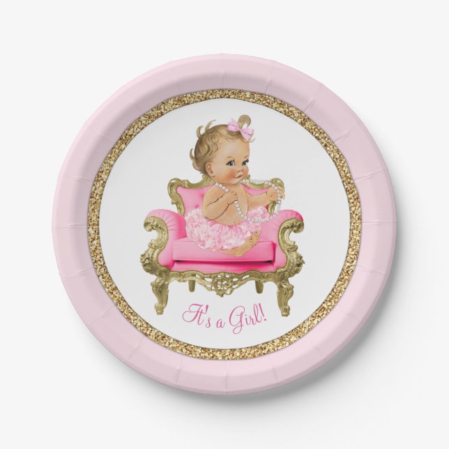 Plato De Papel Baby Shower Chica de la silla Pink Gold Pearl (Anverso)