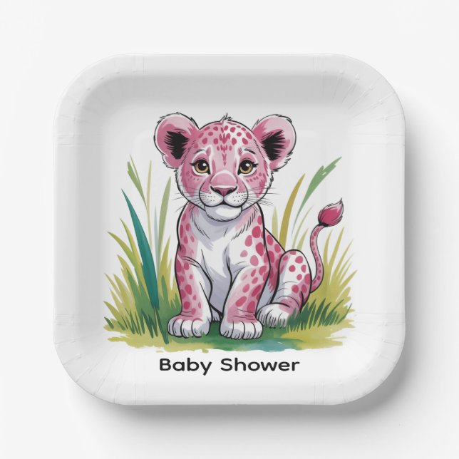 Plato De Papel Baby Shower Chica de leones rosados (Anverso)