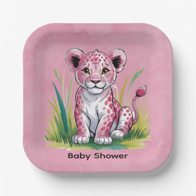 Plato De Papel Baby Shower Chica de leones rosados (Anverso)