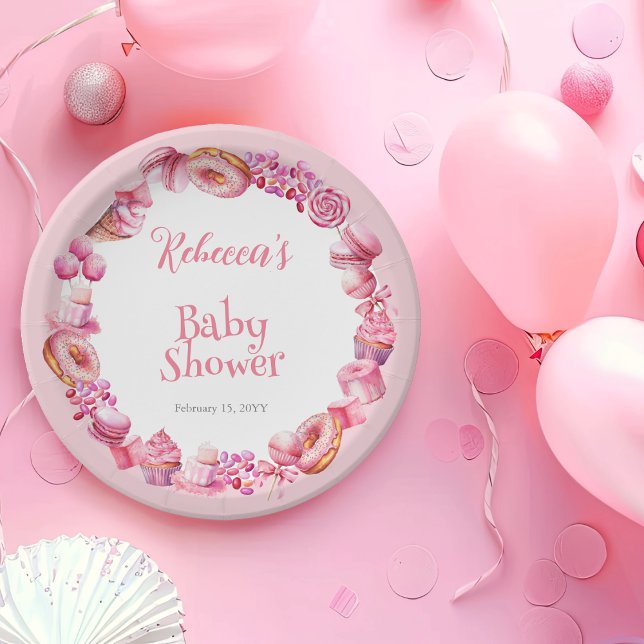 Plato De Papel Baby Shower Chica de marco de caramelo rosa (Pink Candy Frame Girl Baby Shower Paper Plate)