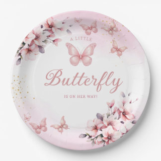 Plato De Papel Baby Shower Chica de mariposa de color rosa modern