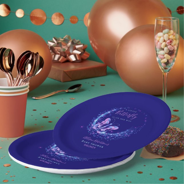 Plato De Papel Baby Shower Chica de mariposa morada (Multi)