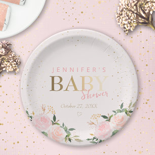Plato De Papel Baby Shower Chica de oro floral rosa