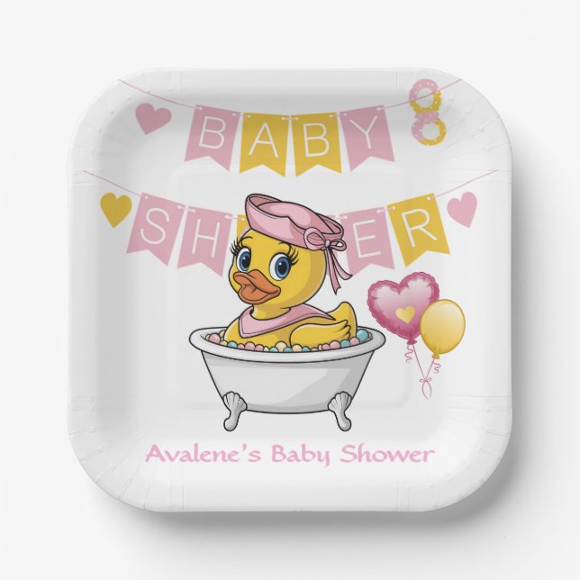 Plato De Papel Baby Shower Chica de pato de goma rosa y amarillo (Anverso)