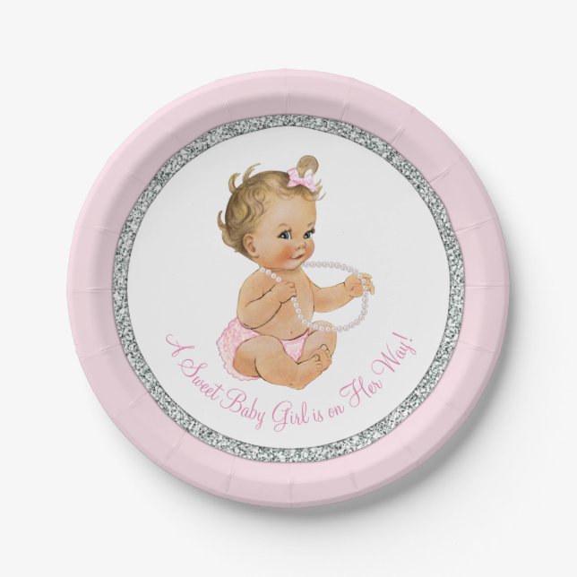 Plato De Papel Baby Shower Chica de Perla Gris Rosa Plata (Anverso)