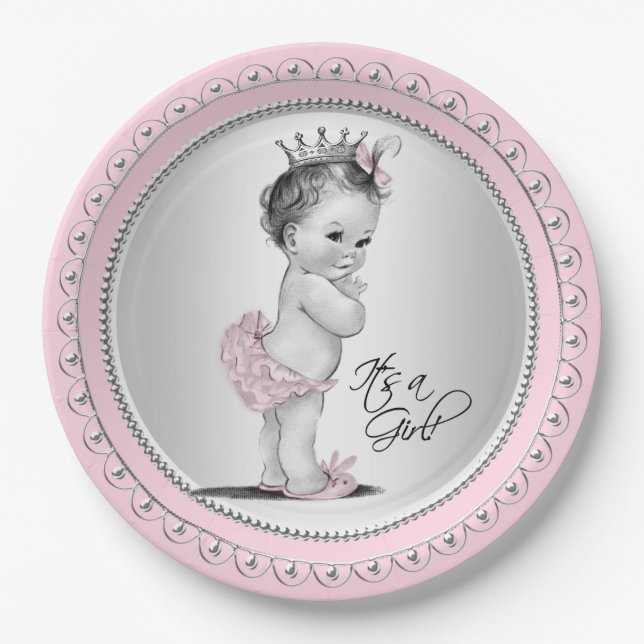 Plato De Papel Baby Shower Chica de plata rosa de la Princesa de  (Anverso)