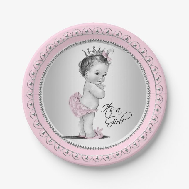 Plato De Papel Baby Shower Chica de plata rosa de la Princesa de  (Anverso)