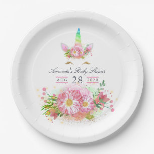 Plato De Papel Baby Shower Chica de unicornio arcoiris rosa
