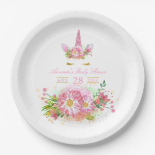 Plato De Papel Baby Shower, Chica de unicornio con flores rosadas