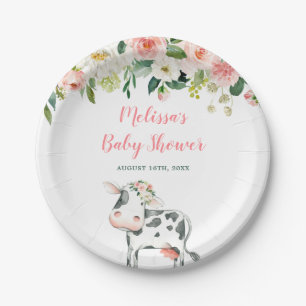 Plato De Papel Baby Shower Chica de vaca floral rosa