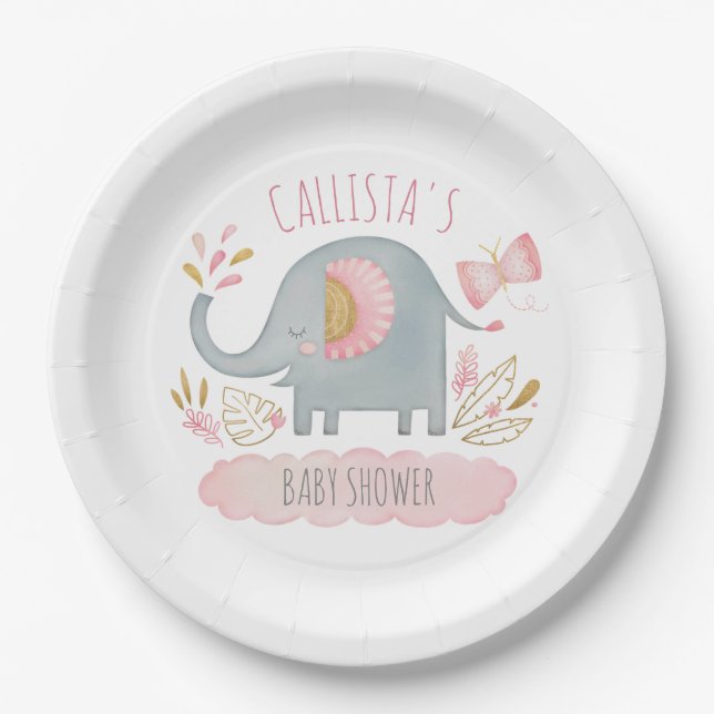 Plato De Papel Baby Shower Chica elefante gris rosado (Anverso)