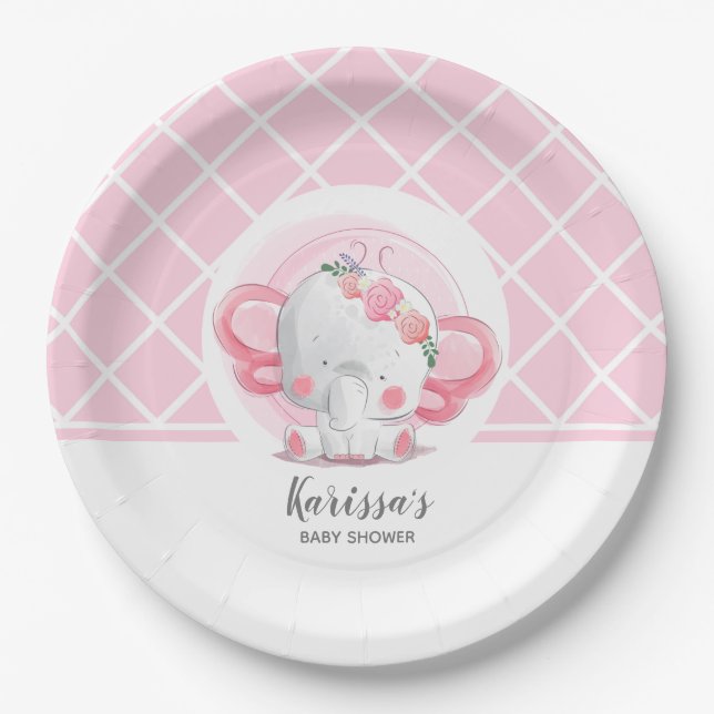 Plato De Papel Baby Shower Chica Elefante Rosa (Anverso)