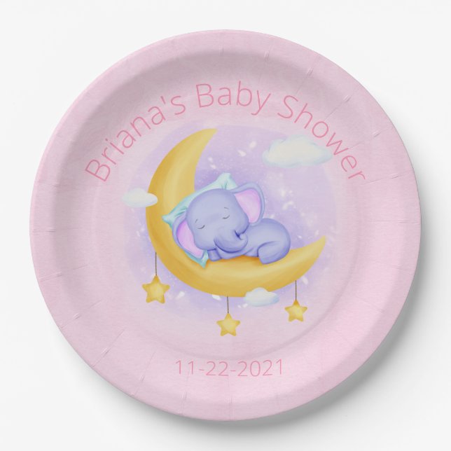 Plato De Papel Baby Shower Chica Elefante Rosa (Anverso)