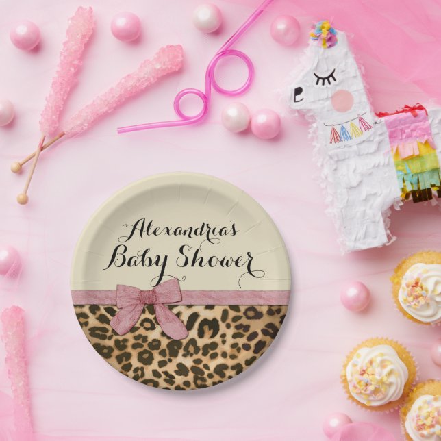 Plato De Papel Baby Shower Chica Fancy Leopard Pink Bow (Fiesta)