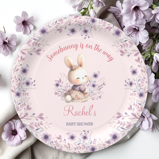 Plato De Papel Baby Shower Chica Floral Bunny Pink Purple Spring (Bunny Pink Purple Spring Floral Girl Baby Shower Paper Plates)