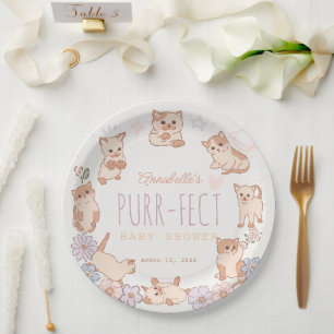 Plato De Papel Baby Shower Chica floral de gatos cúbicos purament