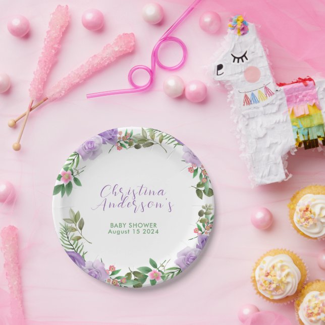 Plato De Papel Baby Shower Chica floral Purple Spring (Fiesta)