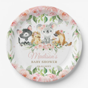 Plato De Papel Baby Shower, Chica floral rosado de animales austr