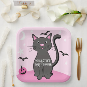Plato De Papel Baby Shower Chica gato negro rosa Halloween